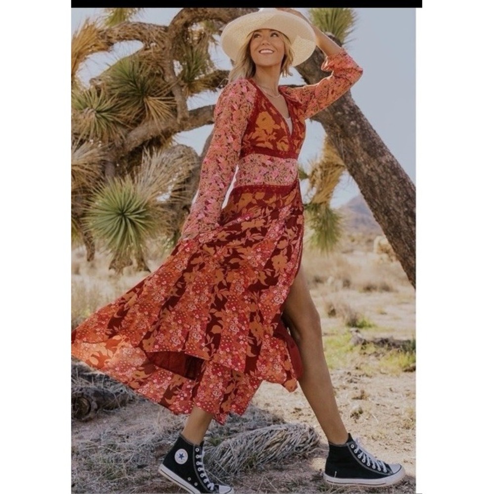 Free People Bohemian Retro 70s Gypsy Fall Floral Tilda Maxi Dress NEW - Picture 3 of 13